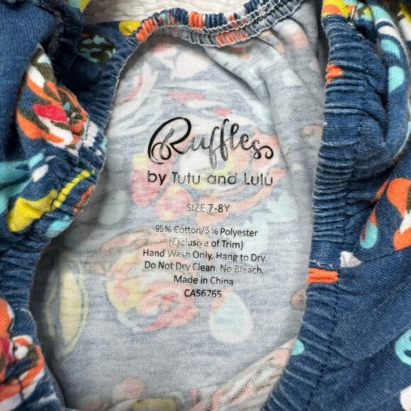 RUFFLES BY LULU & TUTU Blue Floral Rosette Dress Size 7-8 Years Short Sleeve - Picture 3 of 3